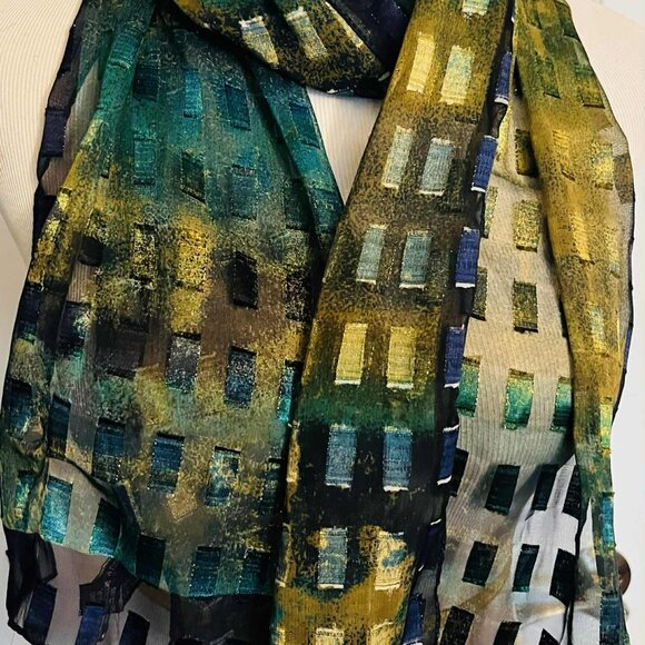 Vintage Modernist Geometric Scarf — Blue, Green & Gold Pattern - Picture 13 of 16